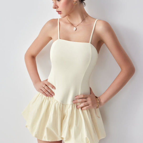 Cotton-blend Square Neck Low Rise Bubble Hem Mini Dress