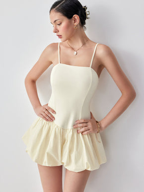 Cotton-blend Square Neck Low Rise Bubble Hem Mini Dress