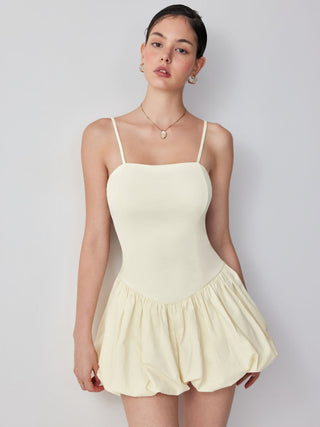 Cotton-blend Square Neck Low Rise Bubble Hem Mini Dress