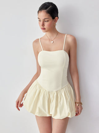 Cotton-blend Square Neck Low Rise Bubble Hem Mini Dress