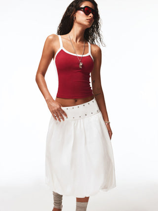 Cotton Mid Rise Metal Detail Bubble Hem Midi Skirt