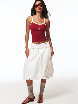 Cotton Mid Rise Metal Detail Bubble Hem Midi Skirt