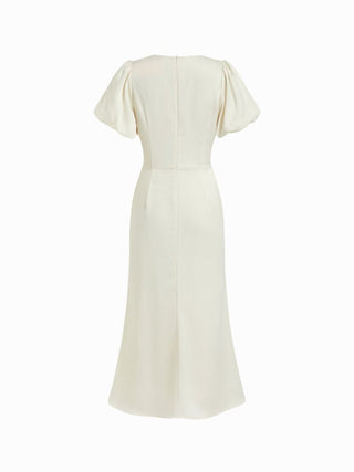 Satin V-neck Puff Sleeve Lace Panel Mid Rise Mermaid Maxi Dress