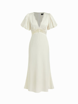Satin V-neck Puff Sleeve Lace Panel Mid Rise Mermaid Maxi Dress