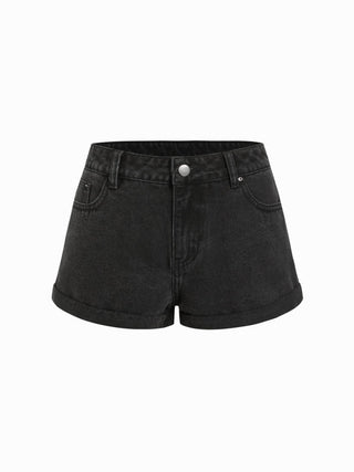 Denim Low Rise Washed Metal Detail Roll Hem Micro Shorts
