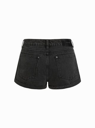 Denim Low Rise Washed Metal Detail Roll Hem Micro Shorts