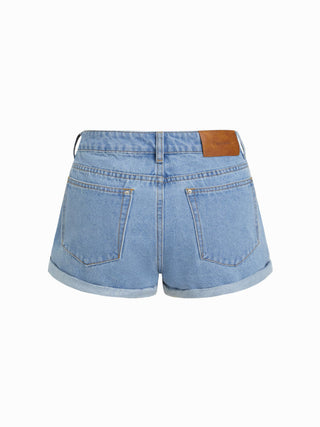 Denim Low Rise Washed Metal Detail Roll Hem Micro Shorts