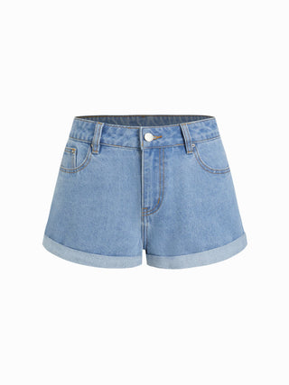 Denim Low Rise Washed Metal Detail Roll Hem Micro Shorts