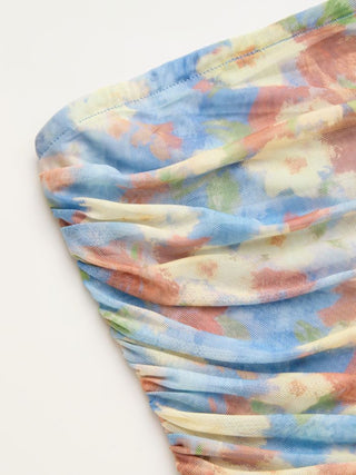 Floral Strapless Tie Dye Ruched Asymmetric Maxi Dress