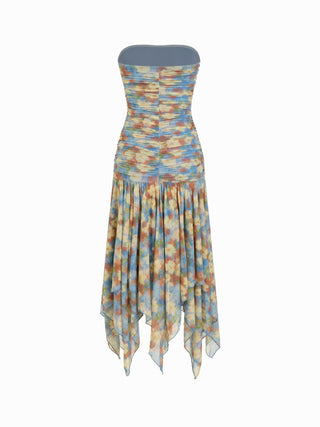 Floral Strapless Tie Dye Ruched Asymmetric Maxi Dress
