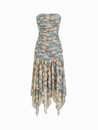 Floral Strapless Tie Dye Ruched Asymmetric Maxi Dress
