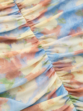 Floral Strapless Tie Dye Ruched Asymmetric Maxi Dress