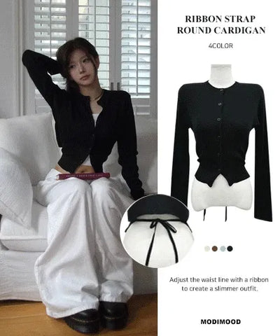 Ribbon Strap Round Neck Cardigan - 4 Colors