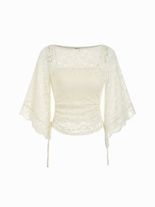 Lace Boat Neck Bell Sleeve Drawstring Tee