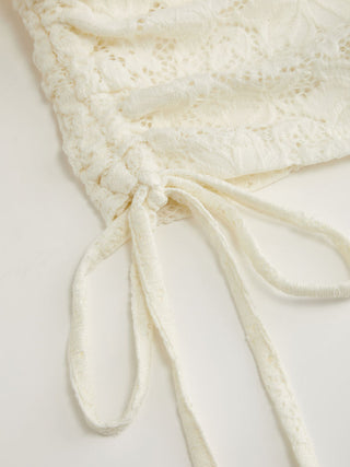 Lace Boat Neck Bell Sleeve Drawstring Tee