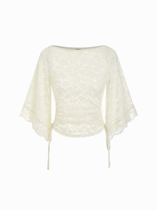 Lace Boat Neck Bell Sleeve Drawstring Tee