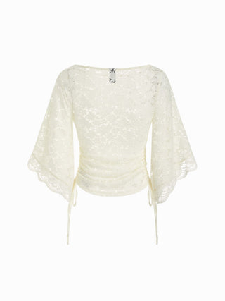 Lace Boat Neck Bell Sleeve Drawstring Tee