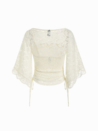 Lace Boat Neck Bell Sleeve Drawstring Tee