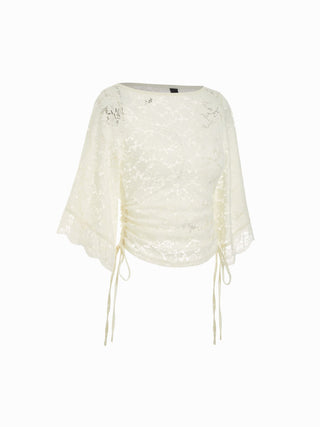 Lace Boat Neck Bell Sleeve Drawstring Tee