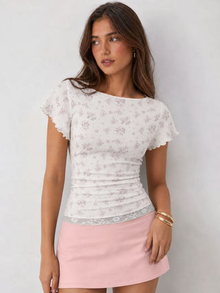 Textured Floral Boat Neck Ruffle Sleeve Lace Trim Slim Tee