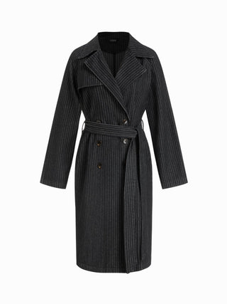 Denim Washed Notched Collar Double Breasted Longline Oversized Jacket With Belt