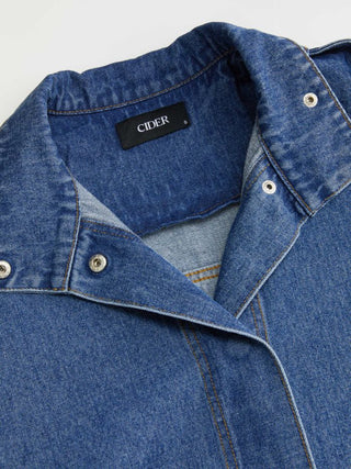 Denim Stand Collar Washed Drawstring Metal Detail Oversized Jacket