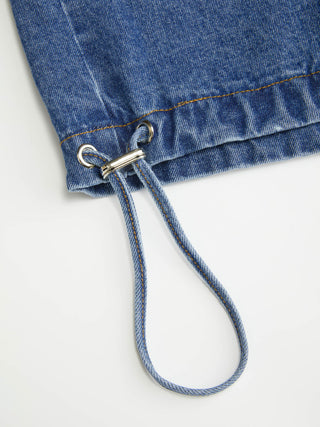 Denim Stand Collar Washed Drawstring Metal Detail Oversized Jacket