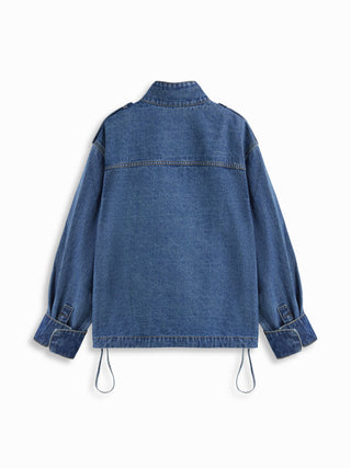 Denim Stand Collar Washed Drawstring Metal Detail Oversized Jacket