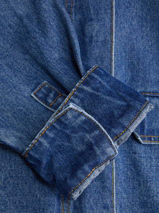 Denim Stand Collar Washed Drawstring Metal Detail Oversized Jacket