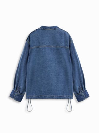 Denim Stand Collar Washed Drawstring Metal Detail Oversized Jacket