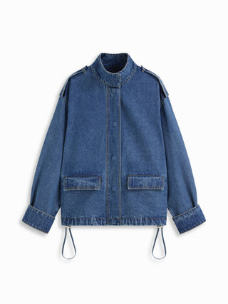 Denim Stand Collar Washed Drawstring Metal Detail Oversized Jacket