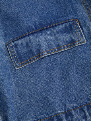 Denim Stand Collar Washed Drawstring Metal Detail Oversized Jacket
