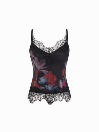 Mesh Floral Graphic V-neck Lace Panel Cami Top