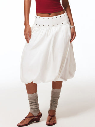 Cotton Mid Rise Metal Detail Bubble Hem Midi Skirt