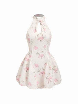 Jacquard Floral Halter Neckline Bowknot Bubble Hem Mini Dress