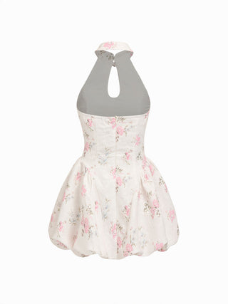 Jacquard Floral Halter Neckline Bowknot Bubble Hem Mini Dress