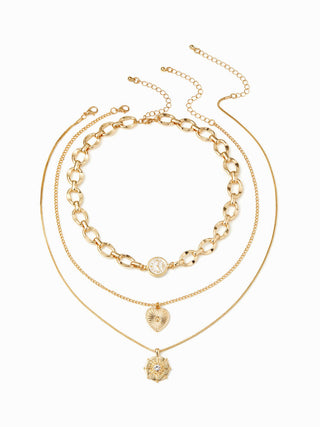 HEART & CLOCK & RHINESTONE LAYERED NECKLACE