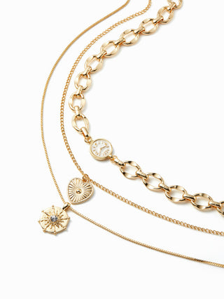 HEART & CLOCK & RHINESTONE LAYERED NECKLACE