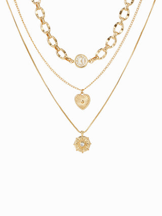 HEART & CLOCK & RHINESTONE LAYERED NECKLACE