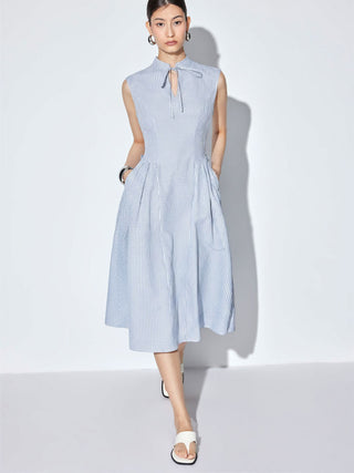 Cotton-blend Gingham Stand Collar Tie Neck Shirt Midi Dress