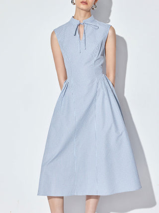 Cotton-blend Gingham Stand Collar Tie Neck Shirt Midi Dress