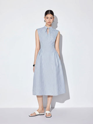 Cotton-blend Gingham Stand Collar Tie Neck Shirt Midi Dress