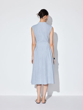 Cotton-blend Gingham Stand Collar Tie Neck Shirt Midi Dress