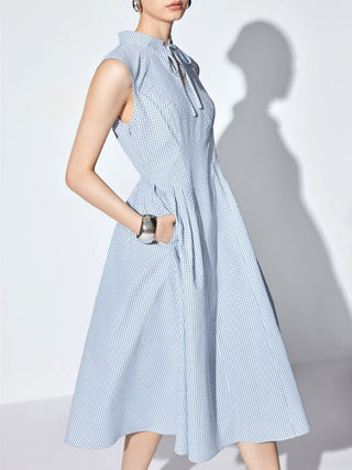 Cotton-blend Gingham Stand Collar Tie Neck Shirt Midi Dress