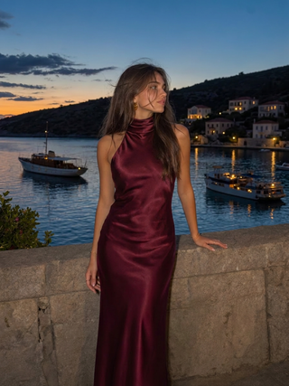 Satin Halter Neckline Backless Mermaid Maxi Mermaid Dress