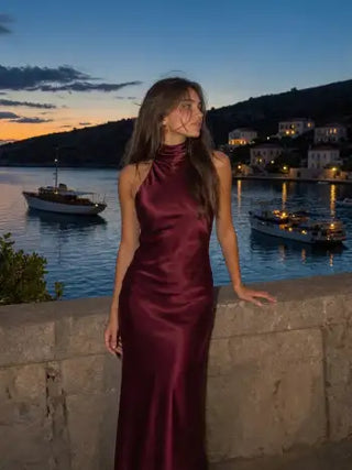Satin Halter Neckline Backless Mermaid Maxi Mermaid Dress