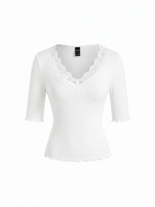 Cotton-blend V-neck Mid-length Sleeve Lace Trim Lettuce Trim Top