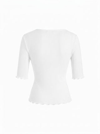 Cotton-blend V-neck Mid-length Sleeve Lace Trim Lettuce Trim Top