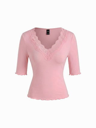 Cotton-blend V-neck Mid-length Sleeve Lace Trim Lettuce Trim Top
