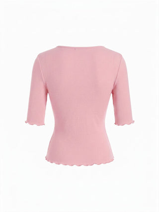 Cotton-blend V-neck Mid-length Sleeve Lace Trim Lettuce Trim Top